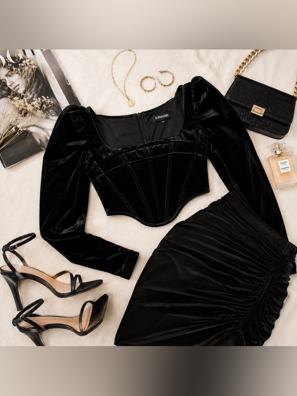 Kittenish Black Velvet Bustier Corset Top Puff Sleeve Cropped Holiday Party Top